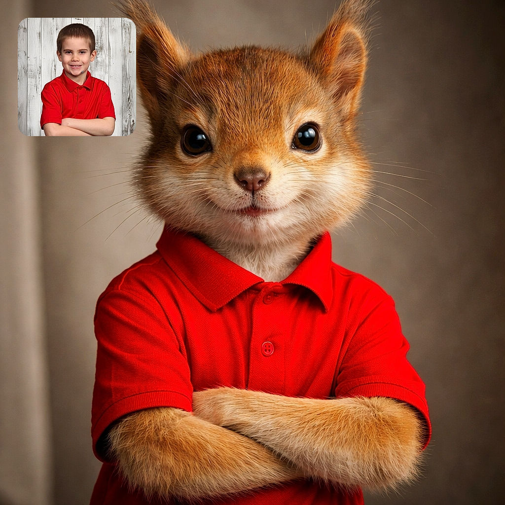 A confident young boy in a bright red polo shirt stands with his arms crossed, smiling slightly against a rustic white wooden plank background, looking ready to take on the world or at least the school day.
