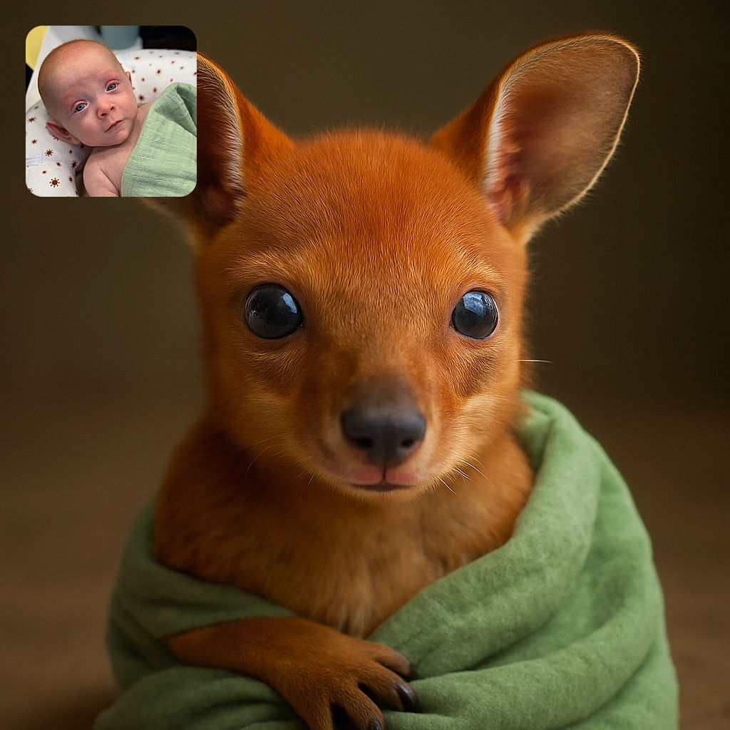 A close-up photo of a curious baby with bright blue eyes wrapped in a light green blanket, lying on a white cushion with brown sun patterns, looking directly at the camera with a calm expression.