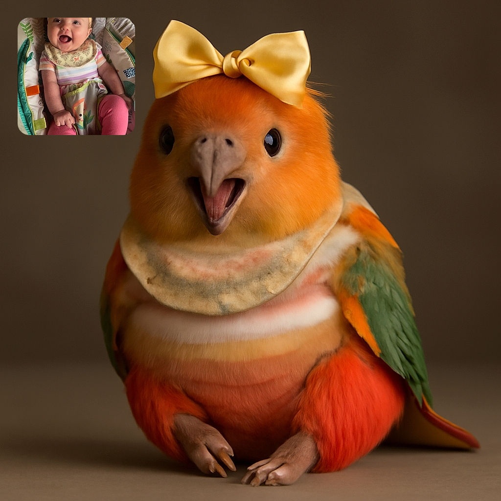 A joyful baby with a big peach bow on her head is sitting comfortably in a colorful cushioned baby seat, flashing a wide open-mouthed smile that radiates pure happiness and innocence.