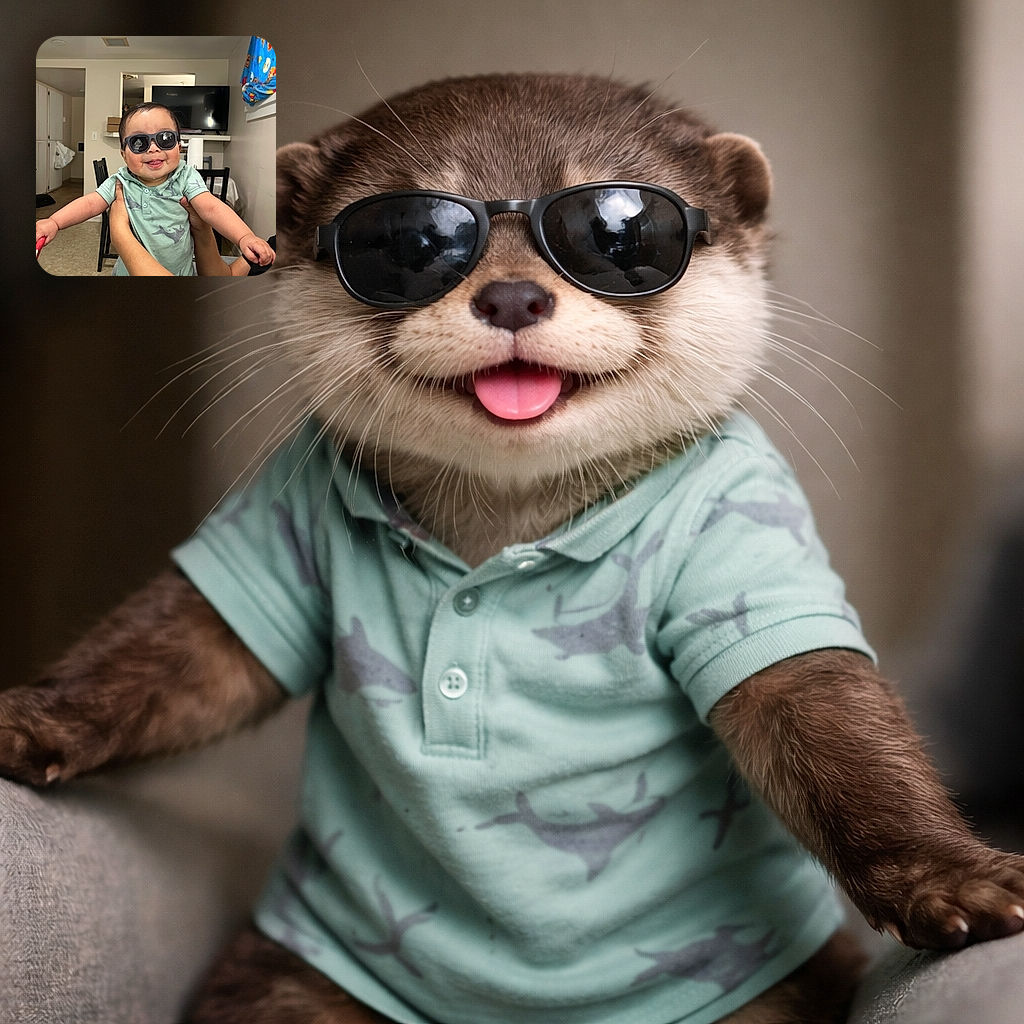 A joyful baby sporting cool sunglasses and a shark-patterned shirt is being held up indoors, flashing a cheeky smile with tongue out, while a cozy living space with a TV and colorful blanket provides a homely backdrop.