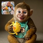 A cheerful baby is comfortably seated in a cushioned baby chair, holding a bright yellow lion-shaped toy with a big smile and sparkling eyes, surrounded by soft pastel colors and a cozy home setting.