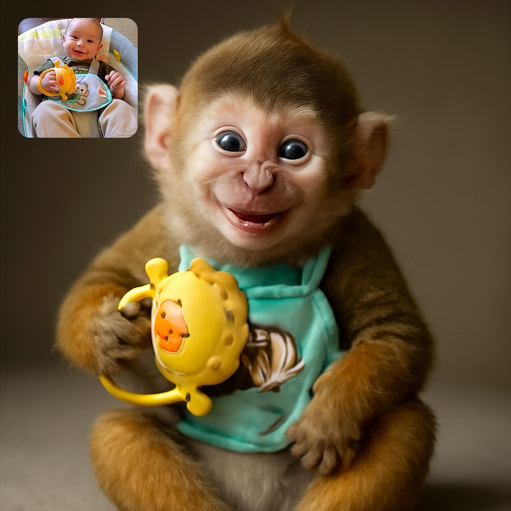 A cheerful baby is comfortably seated in a cushioned baby chair, holding a bright yellow lion-shaped toy with a big smile and sparkling eyes, surrounded by soft pastel colors and a cozy home setting.