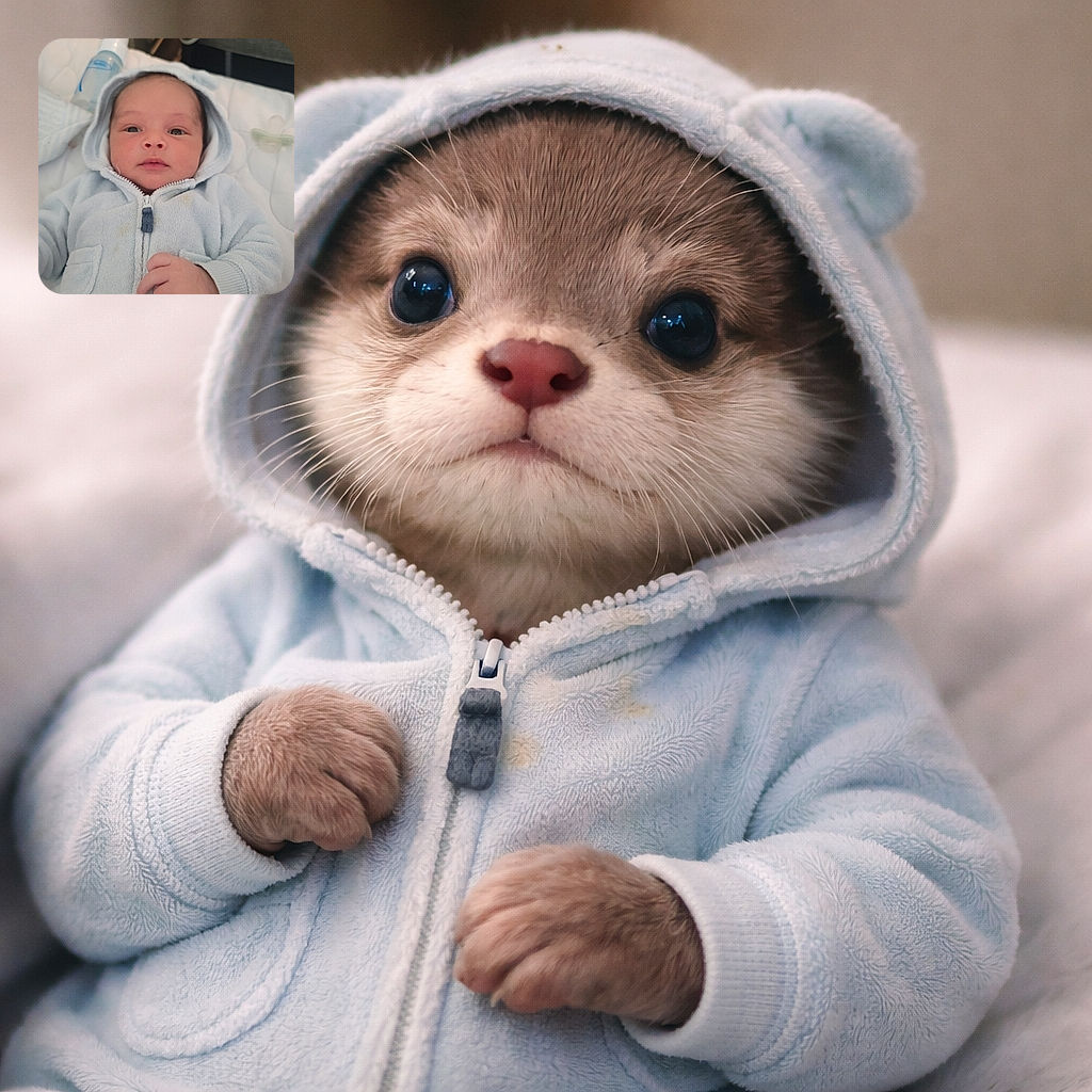 A wide-eyed newborn bundled in a fluffy light-blue hooded onesie gazes up like a tiny philosopher; a pacifier and baby bottle lounge on the quilted bed nearby while a chubby hand reaches toward the camera.