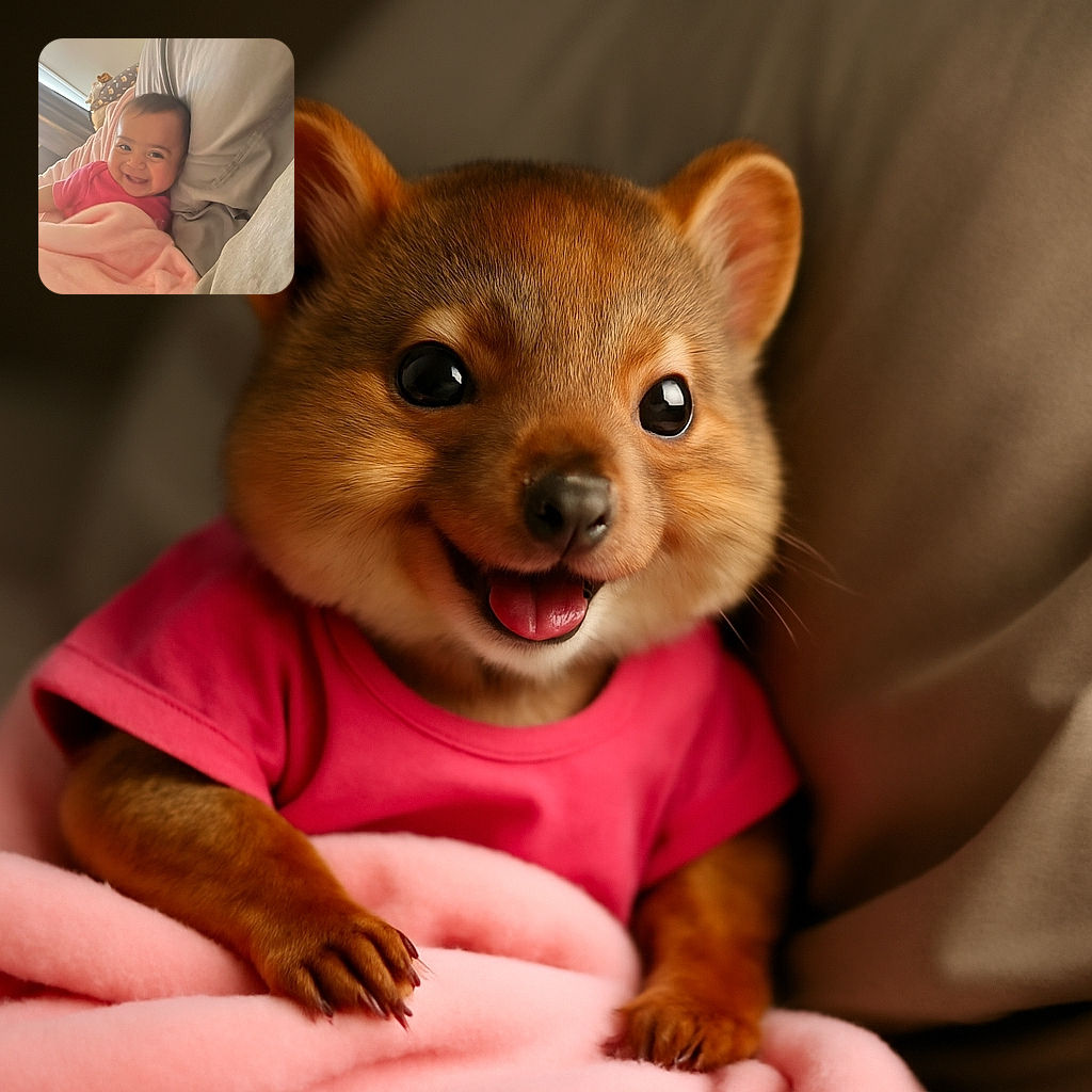 A joyful baby wrapped in a soft pink blanket, lying comfortably on a gray pillow, flashing a wide smile that could brighten anyone's day. The cozy setting and warm lighting add to the heartwarming vibe.