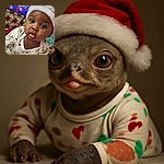 A cute baby wearing a festive Santa hat and reindeer-themed pajamas looks curiously at the camera with big, expressive eyes, set against a colorful holiday backdrop of twinkling lights and poinsettia patterns.