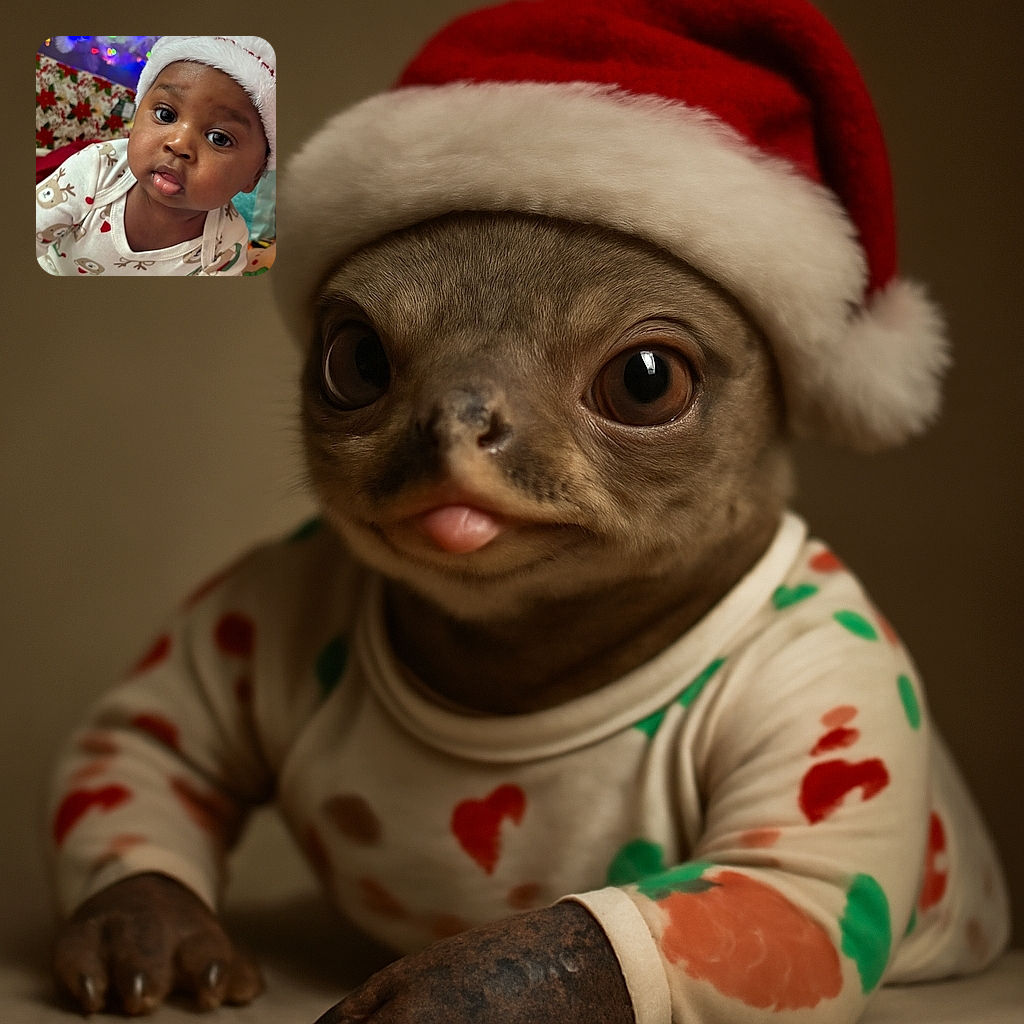 A cute baby wearing a festive Santa hat and reindeer-themed pajamas looks curiously at the camera with big, expressive eyes, set against a colorful holiday backdrop of twinkling lights and poinsettia patterns.