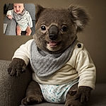 A joyful baby with sparkling eyes and a big smile lounges comfortably on a grey couch, dressed in a cozy white sweater and a patterned diaper, radiating pure happiness and innocence.