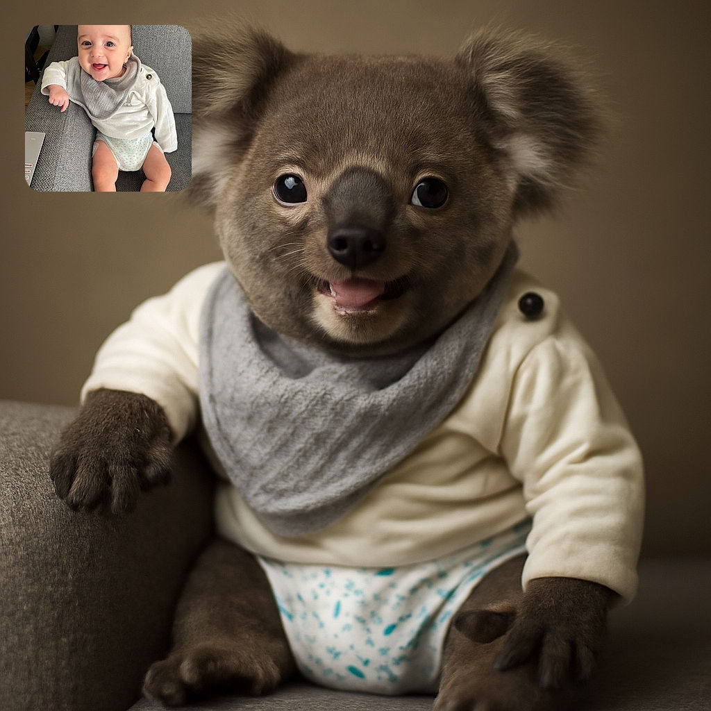 A joyful baby with sparkling eyes and a big smile lounges comfortably on a grey couch, dressed in a cozy white sweater and a patterned diaper, radiating pure happiness and innocence.