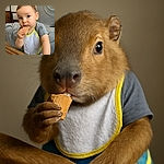 A curious toddler with big eyes is caught mid-snack, holding a piece of bread in one hand and a crumpled tissue in the other, perched at a rustic wooden table with a cozy living room backdrop.