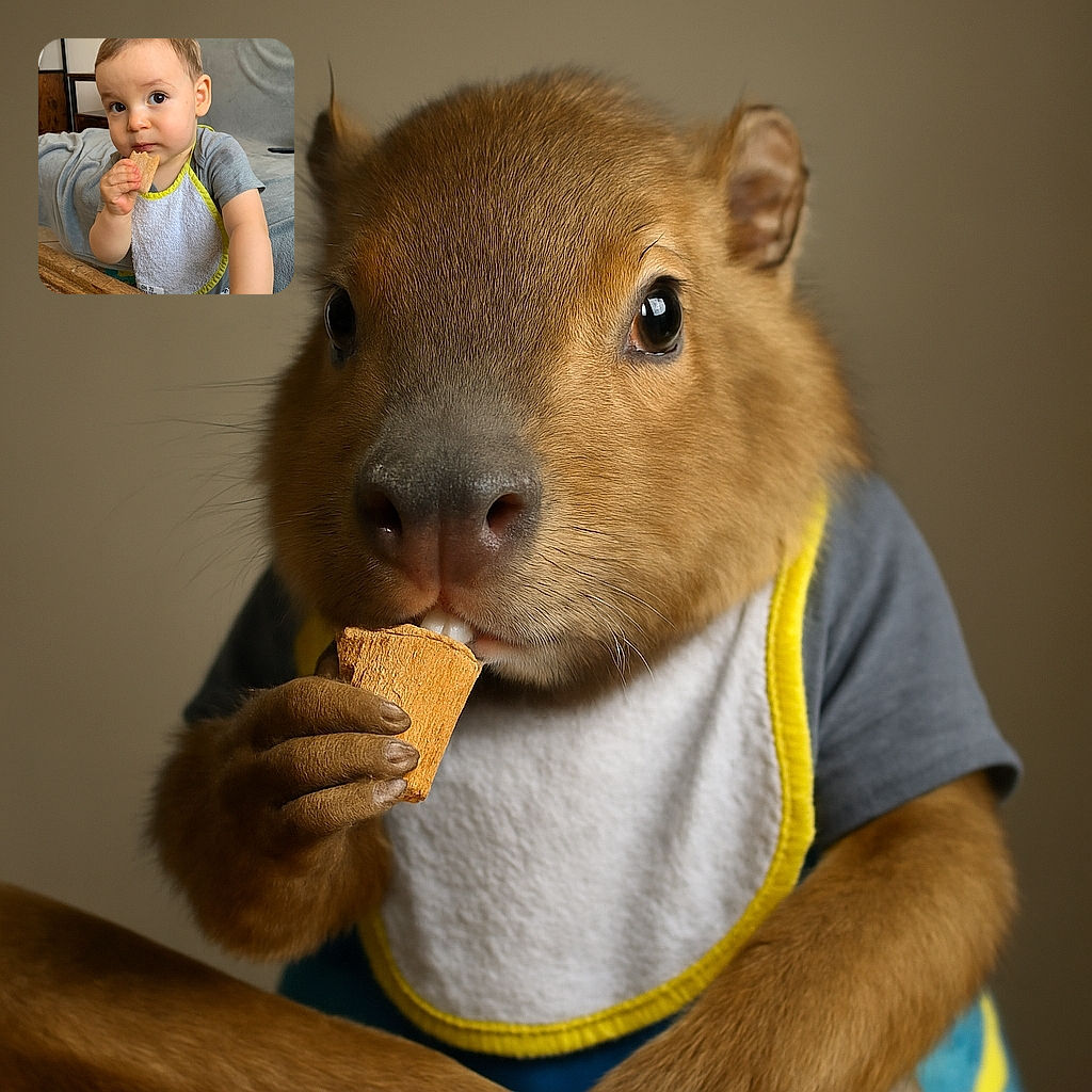 A curious toddler with big eyes is caught mid-snack, holding a piece of bread in one hand and a crumpled tissue in the other, perched at a rustic wooden table with a cozy living room backdrop.