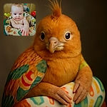 A cute baby with a tuft of hair standing up is sitting in a colorful padded seat, reaching forward with chubby hands and giving a curious, slightly mischievous smile. The background shows a wooden door and some toys, adding to the playful atmosphere.