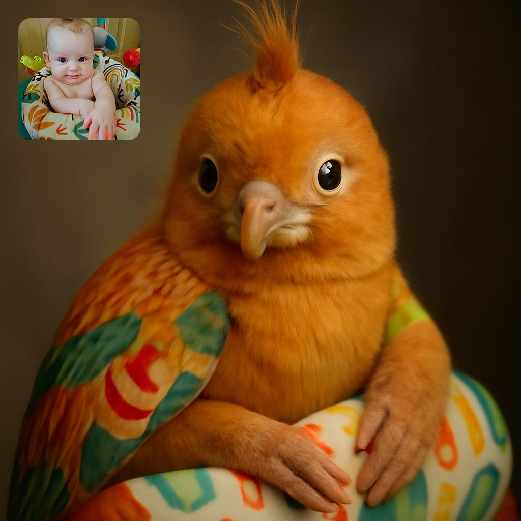 A cute baby with a tuft of hair standing up is sitting in a colorful padded seat, reaching forward with chubby hands and giving a curious, slightly mischievous smile. The background shows a wooden door and some toys, adding to the playful atmosphere.