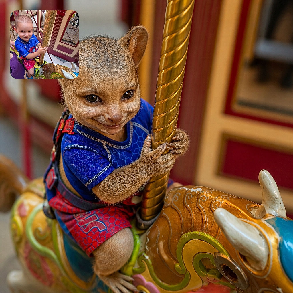 A delighted little carousel captain grips the golden pole like a tiny amusement-park hero, proudly riding a wonderfully overdecorated wooden horse while an adult and the carousel mirrors photobomb the adventure.
