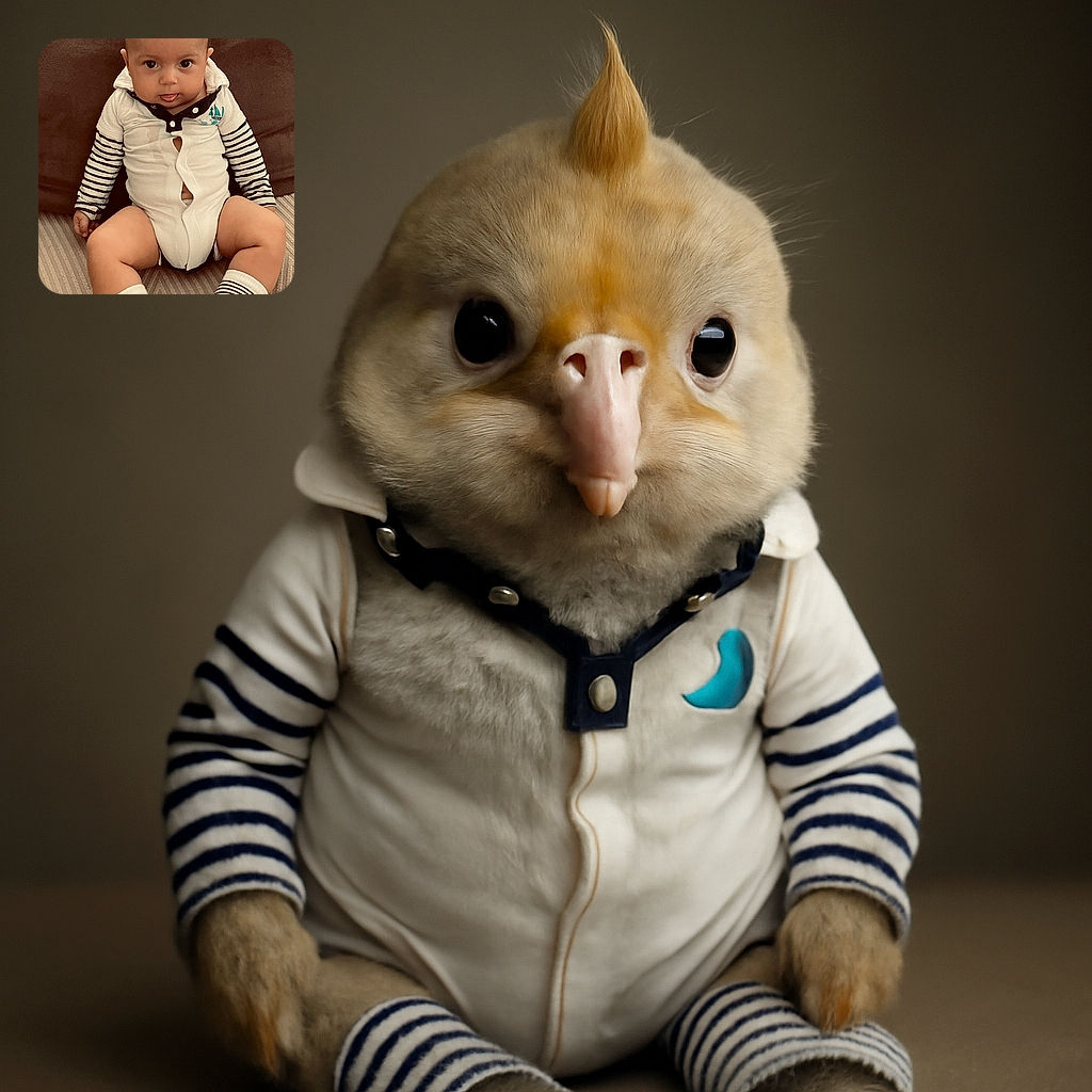 A cute baby with a playful expression sticks out their tongue while sitting on a couch, dressed in a white onesie with striped sleeves and matching striped socks, looking curious and mischievous.