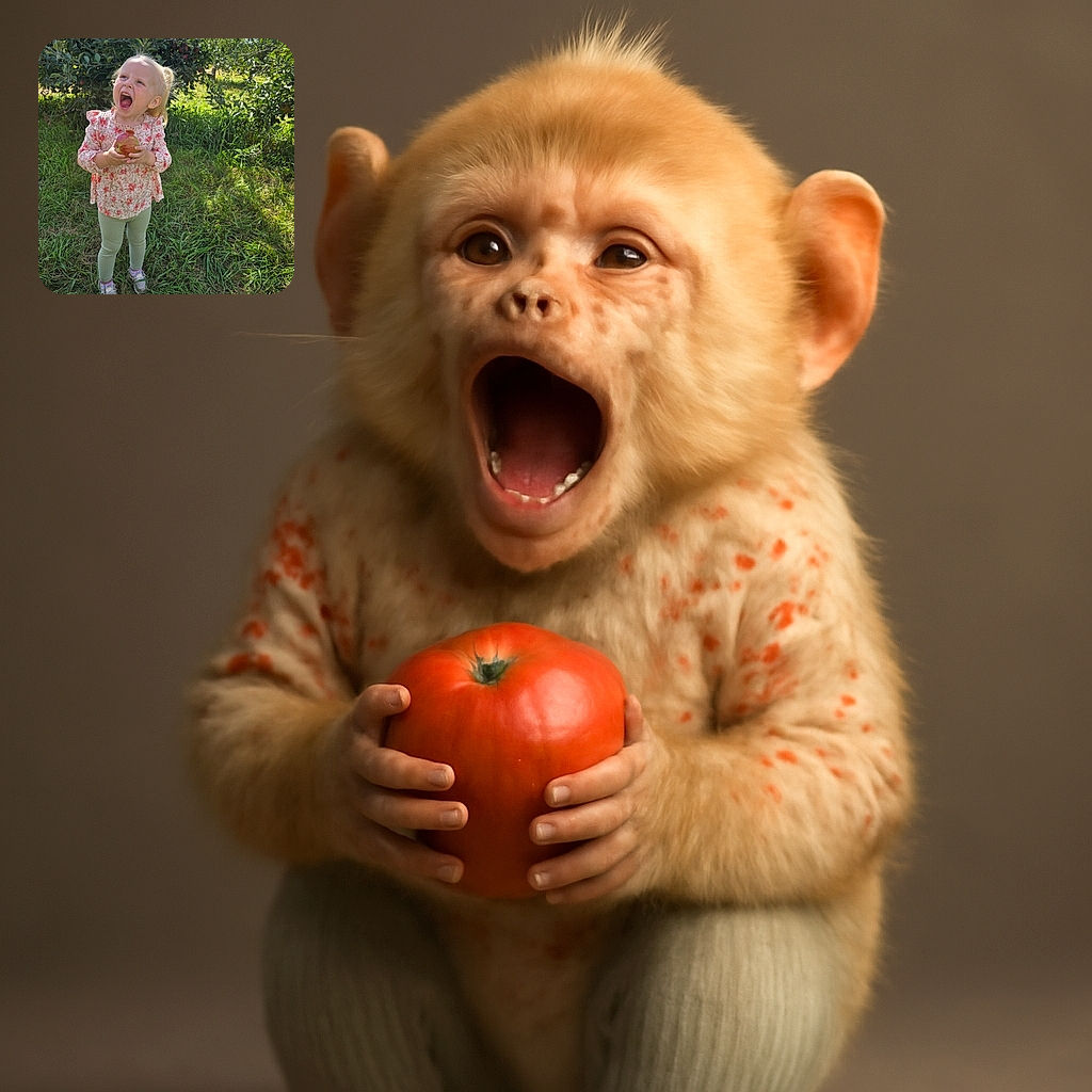 A joyful little girl stands in a sunny orchard, clutching a big apple with an expression of surprise or excitement, surrounded by lush green grass and apple trees heavy with fruit.
