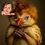 A close-up photo of a curly-haired child with striking blue eyes and glossy lips, resting their chin on their hands in a playful, pouty pose. The background is softly blurred, and the image includes a social media overlay with the word 'Gorgeous' and emojis, adding a modern, casual vibe.