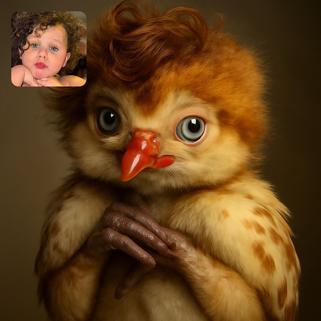 A close-up photo of a curly-haired child with striking blue eyes and glossy lips, resting their chin on their hands in a playful, pouty pose. The background is softly blurred, and the image includes a social media overlay with the word 'Gorgeous' and emojis, adding a modern, casual vibe.