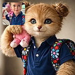 A confident little kiddo with hair in playful buns rests a pink stuffed animal on her shoulder like it's part of the uniform, eyes sparkling with mischief as if she's ready to negotiate recess deals — all captured in a bright, crisp close-up with a car in the background.