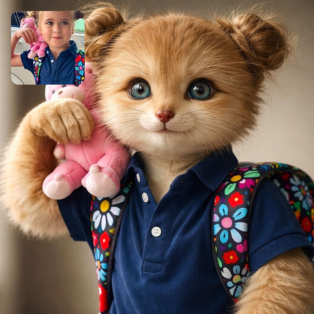 A confident little kiddo with hair in playful buns rests a pink stuffed animal on her shoulder like it's part of the uniform, eyes sparkling with mischief as if she's ready to negotiate recess deals — all captured in a bright, crisp close-up with a car in the background.
