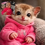 A grinning baby in a bright pink sleeper lounges among blankets and a big plush, eyes wide and curious like a tiny detective discovering snack time—cozy bedroom shelving in the blurry background.