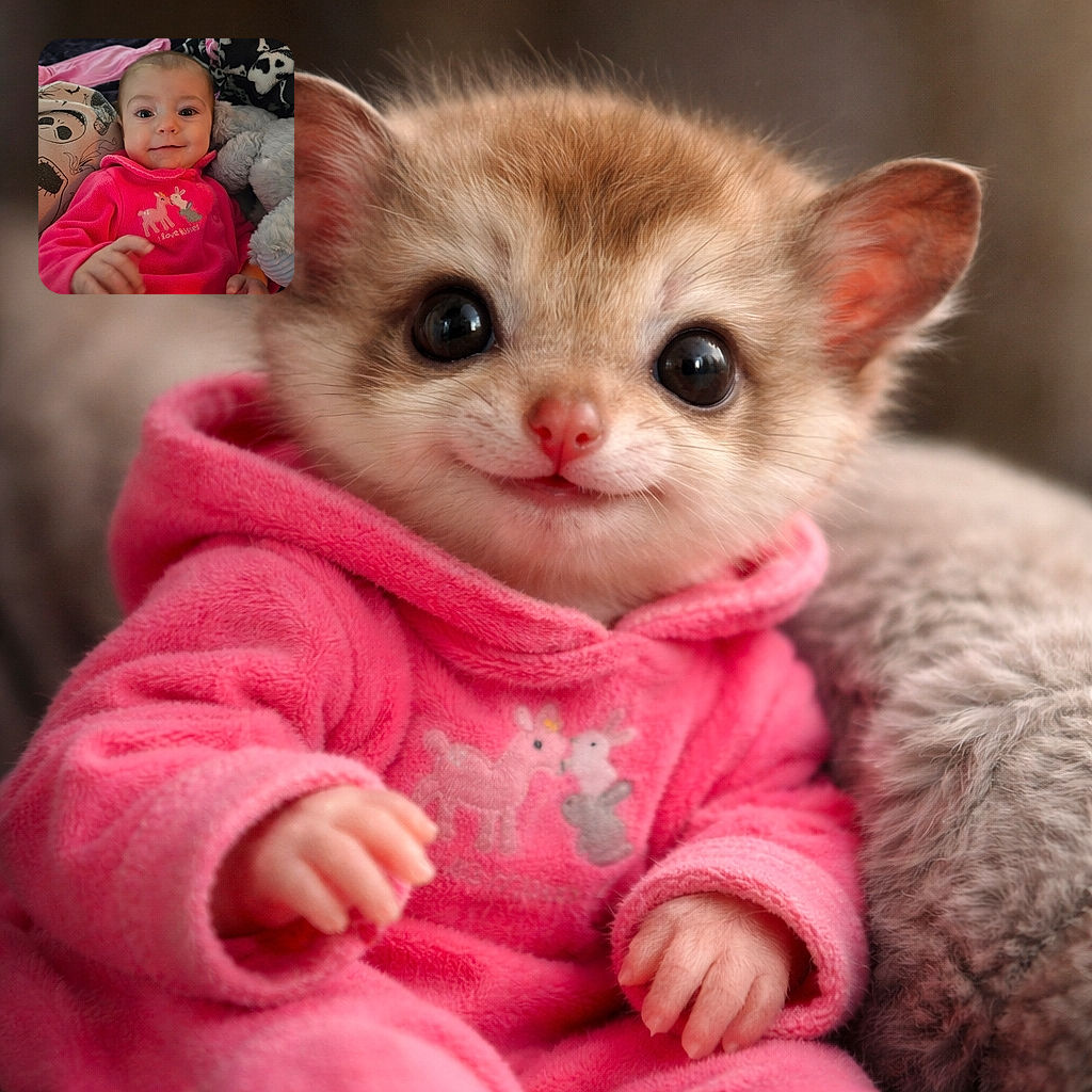 A grinning baby in a bright pink sleeper lounges among blankets and a big plush, eyes wide and curious like a tiny detective discovering snack time—cozy bedroom shelving in the blurry background.