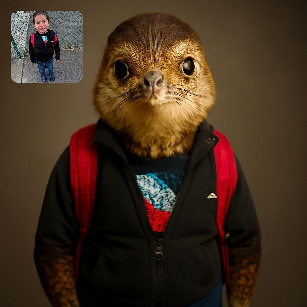 A cheerful young child stands on a concrete sidewalk next to a green chain-link fence, sporting a black jacket, red backpack, jeans, and shiny blue rain boots, flashing a big, slightly goofy smile for the camera.