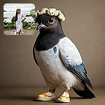 A young girl stands confidently outdoors near the coast, wearing a white dress with a slit, a flower crown, and playful Pikachu slippers, posing with one hand on her hip and a calm smile as the ocean and greenery create a serene backdrop.