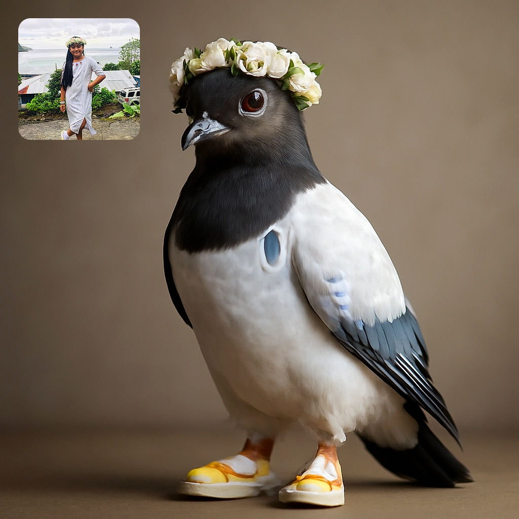 A young girl stands confidently outdoors near the coast, wearing a white dress with a slit, a flower crown, and playful Pikachu slippers, posing with one hand on her hip and a calm smile as the ocean and greenery create a serene backdrop.