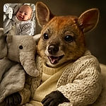 A joyful baby bundled in a cozy knitted white sweater smiles widely while snuggling next to a soft gray elephant plush toy, all wrapped in a fluffy blanket that looks as comfy as a cloud.