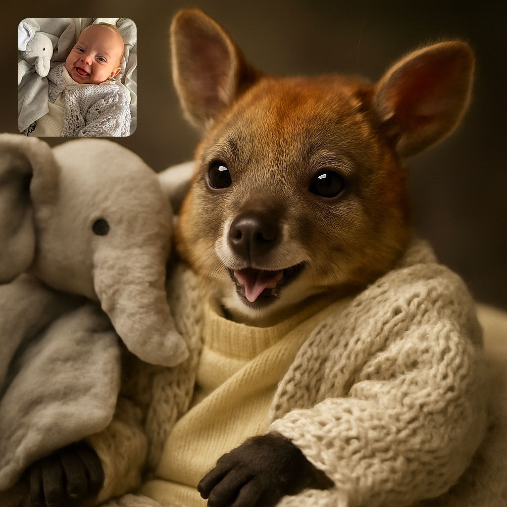 A joyful baby bundled in a cozy knitted white sweater smiles widely while snuggling next to a soft gray elephant plush toy, all wrapped in a fluffy blanket that looks as comfy as a cloud.