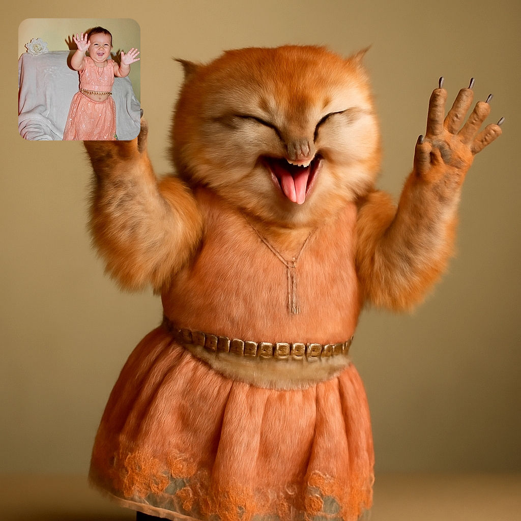 A joyful toddler in a peach-colored dress with floral embroidery stands on a white armchair, waving both hands excitedly with a big toothy smile, casting playful shadows on the wall behind.