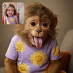 A cheerful toddler with curly hair and a purple outfit covered in big yellow flowers sticks out their tongue playfully while sitting on a couch with a textured orange pillow behind them.