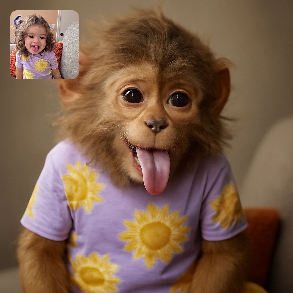 A cheerful toddler with curly hair and a purple outfit covered in big yellow flowers sticks out their tongue playfully while sitting on a couch with a textured orange pillow behind them.