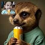 A cheeky young boy with a playful smile looks off to the side while holding a yellow ice cream container, with a little bit of cream on his lips, sitting at a wooden table in a cozy indoor setting.