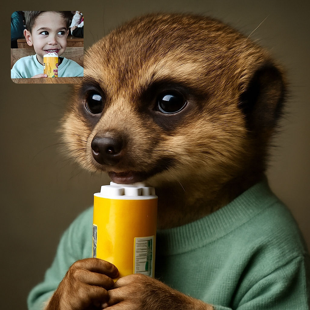A cheeky young boy with a playful smile looks off to the side while holding a yellow ice cream container, with a little bit of cream on his lips, sitting at a wooden table in a cozy indoor setting.