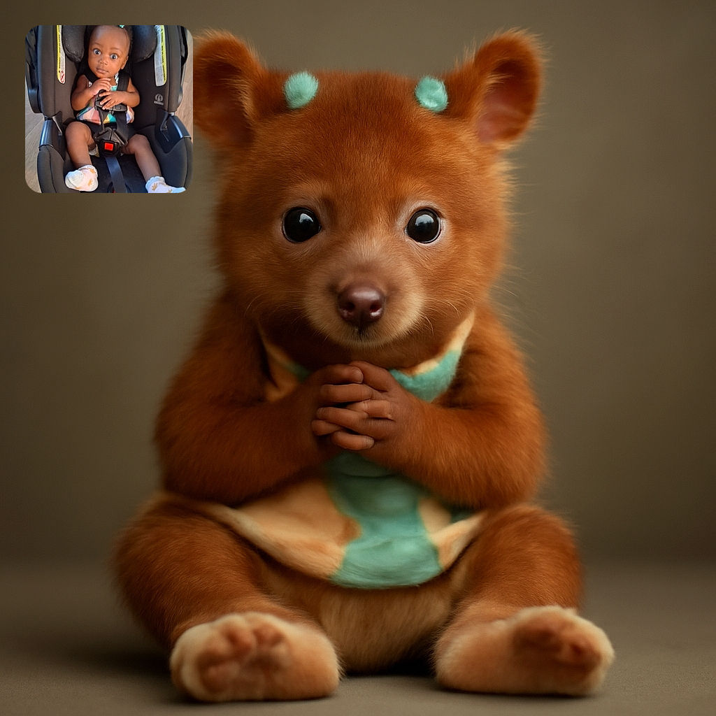 A wide-eyed baby with cute blue hair clips sits snugly in a black car seat, wearing cozy socks and a colorful outfit, looking curiously at the camera with hands gently clasped.
