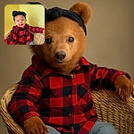 A cheerful baby with a big black bow headband and a red and black checkered shirt sits comfortably in a wicker chair against a plain yellow wall, flashing an adorable smile that could brighten anyone's day.