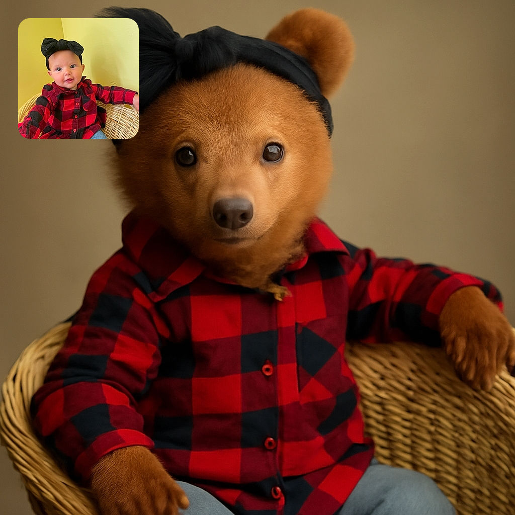 A cheerful baby with a big black bow headband and a red and black checkered shirt sits comfortably in a wicker chair against a plain yellow wall, flashing an adorable smile that could brighten anyone's day.