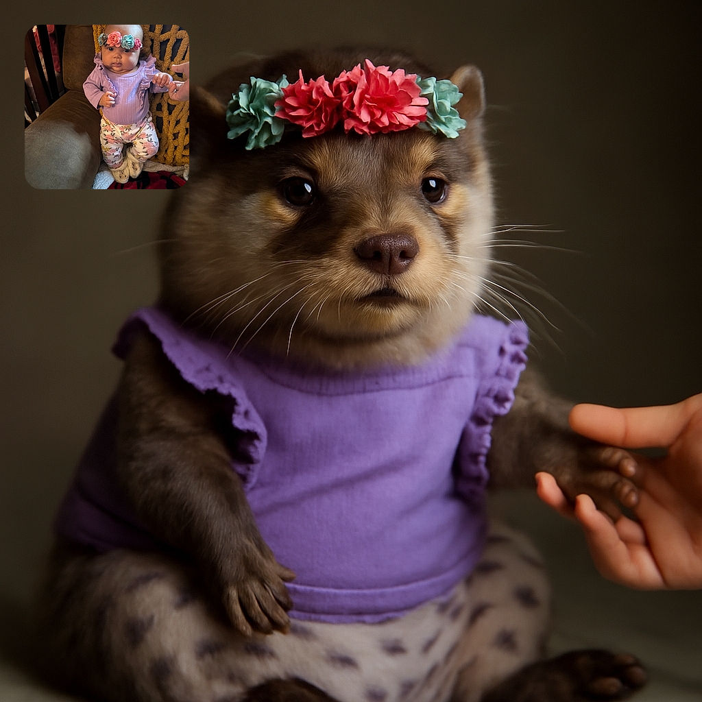 A chubby-cheeked baby in a purple ruffled top and floral pants is standing tall with a serious face, sporting a colorful flower crown and cozy bear slippers, while an adult hand gently supports the tiny superstar on a plush couch with a mustard yellow knitted blanket backdrop.