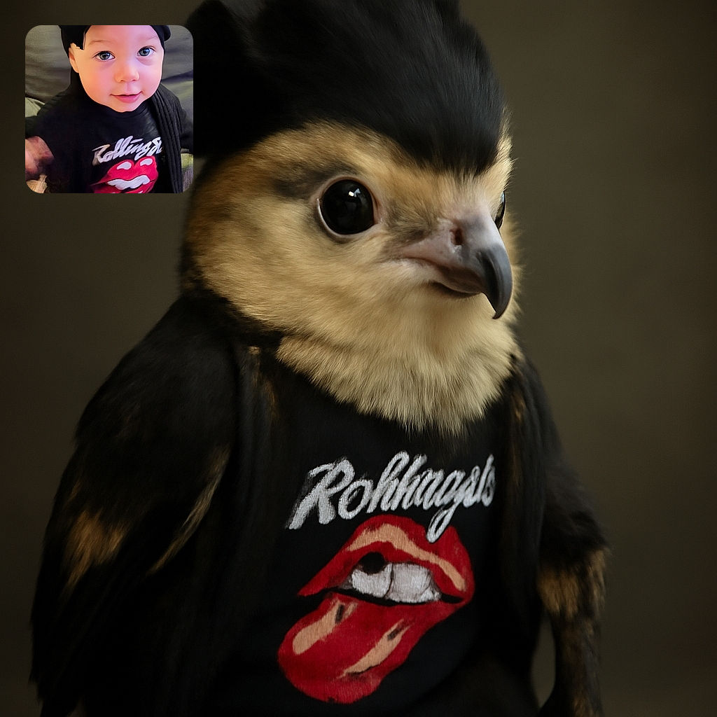 A cute baby with sparkling eyes and a big black headwrap poses adorably on a couch, wearing a Rolling Stones shirt that adds a rockstar vibe to the innocent charm.
