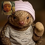 A close-up photo of a newborn baby wearing a striped hat and a cloud-patterned onesie, wrapped in a soft blue blanket, looking curiously at the camera with one mittened hand raised.