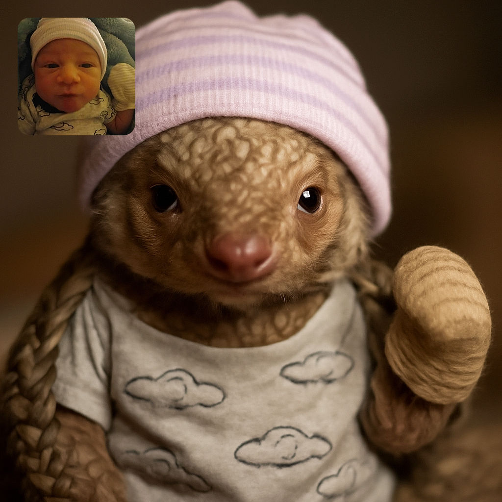 A close-up photo of a newborn baby wearing a striped hat and a cloud-patterned onesie, wrapped in a soft blue blanket, looking curiously at the camera with one mittened hand raised.