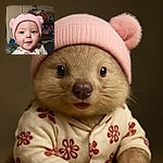 A wide-eyed baby wearing a cute pink knit hat with pom-poms and a floral onesie looks curiously into the camera, with a backdrop of pantry shelves stocked with various household items.