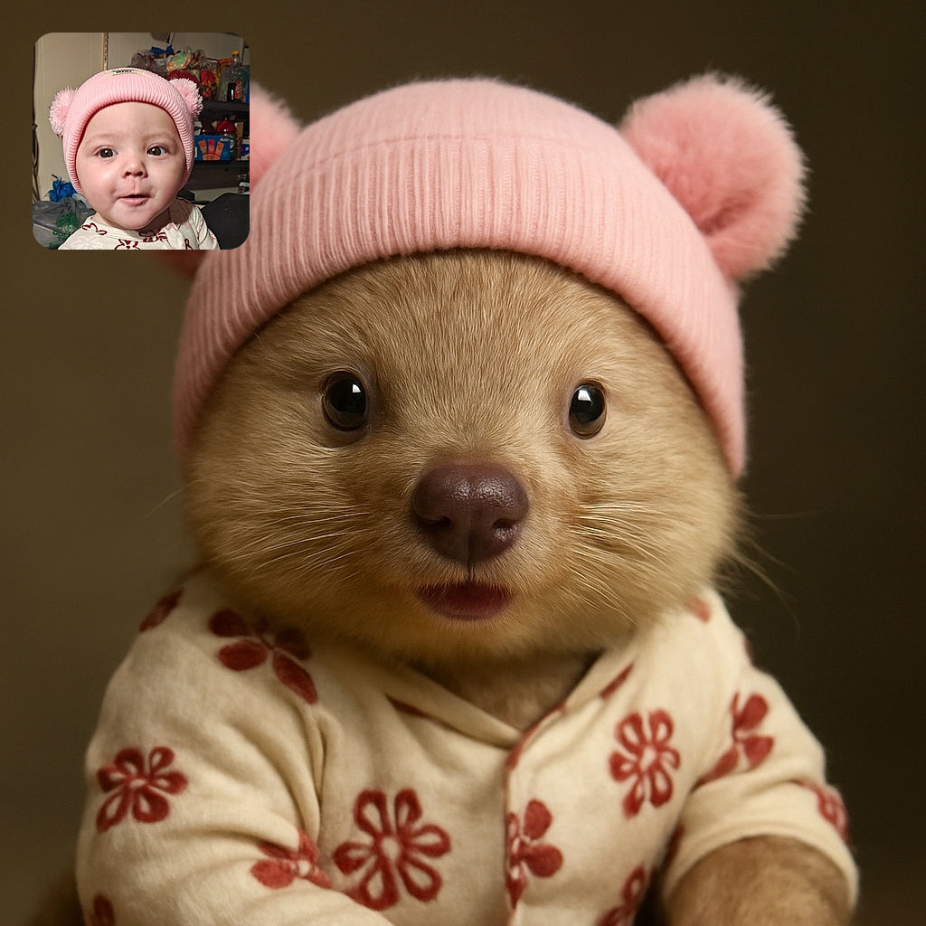 A wide-eyed baby wearing a cute pink knit hat with pom-poms and a floral onesie looks curiously into the camera, with a backdrop of pantry shelves stocked with various household items.
