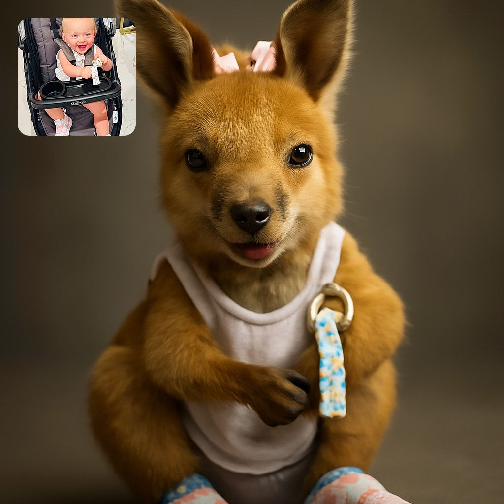 A joyful baby with a tiny pink bow on her head and matching pink sneakers is sitting happily in a Graco stroller, clutching a pacifier with a floral strap, radiating pure cuteness and energy on a shiny tiled floor.