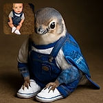 A curious baby with big green eyes sits on a brown carpet, wearing adorable denim overalls and white shoes, looking up with an innocent and slightly puzzled expression.