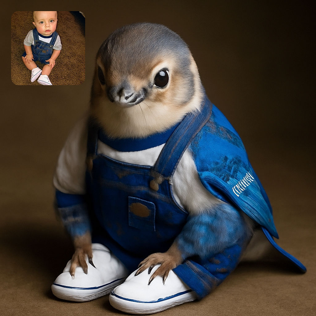 A curious baby with big green eyes sits on a brown carpet, wearing adorable denim overalls and white shoes, looking up with an innocent and slightly puzzled expression.