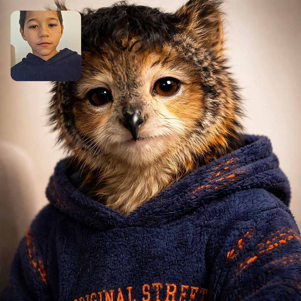 A young boy with tousled hair and a calm expression wears a cozy navy hoodie with orange and white text, standing against a plain light background.