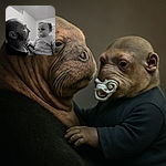 A touching black-and-white moment where a bearded man lovingly gazes at a baby with a pacifier, capturing a quiet bond in a softly lit room.