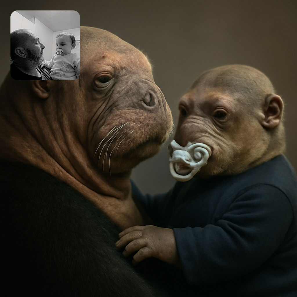 A touching black-and-white moment where a bearded man lovingly gazes at a baby with a pacifier, capturing a quiet bond in a softly lit room.